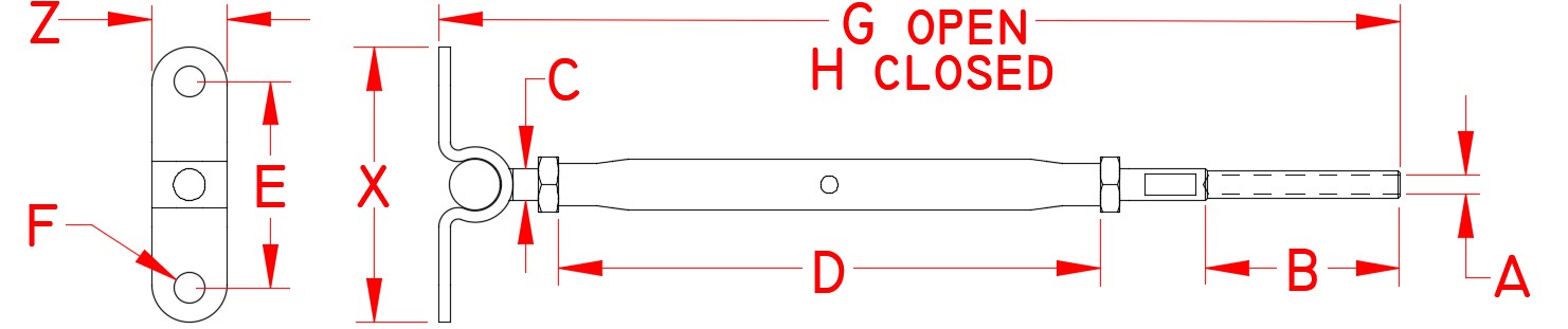 Stainless Steel Wall Mount & Hand Swage Stud - Closed Body, Tunbuckle, S0784-H0703, S0784-H0705, Line Drawing